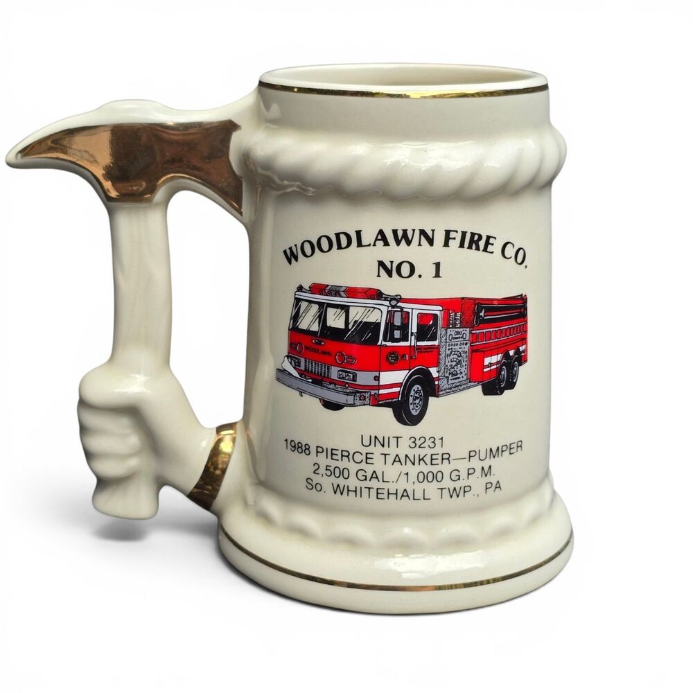 1988 Woodlawn Fire Co No 1 60th Anniversary Stein Mug Shawnee Industries Axe